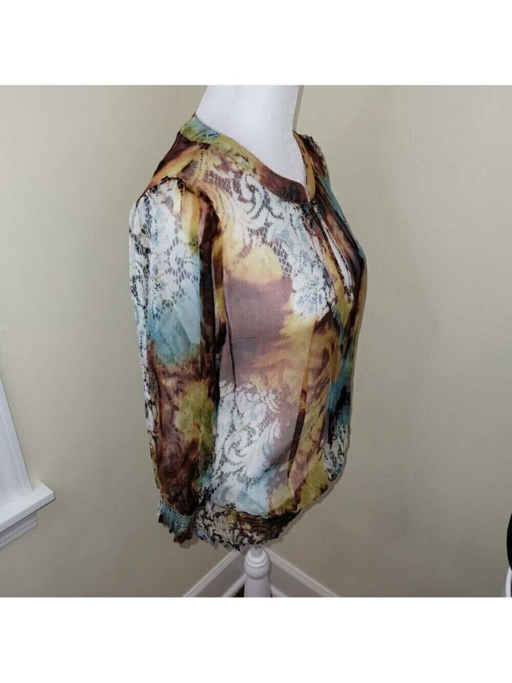Everest Apparel 100% Silk Blouse Sheer Multicolored Elastic Waist Top Women SZ S - Picture 8 of 14